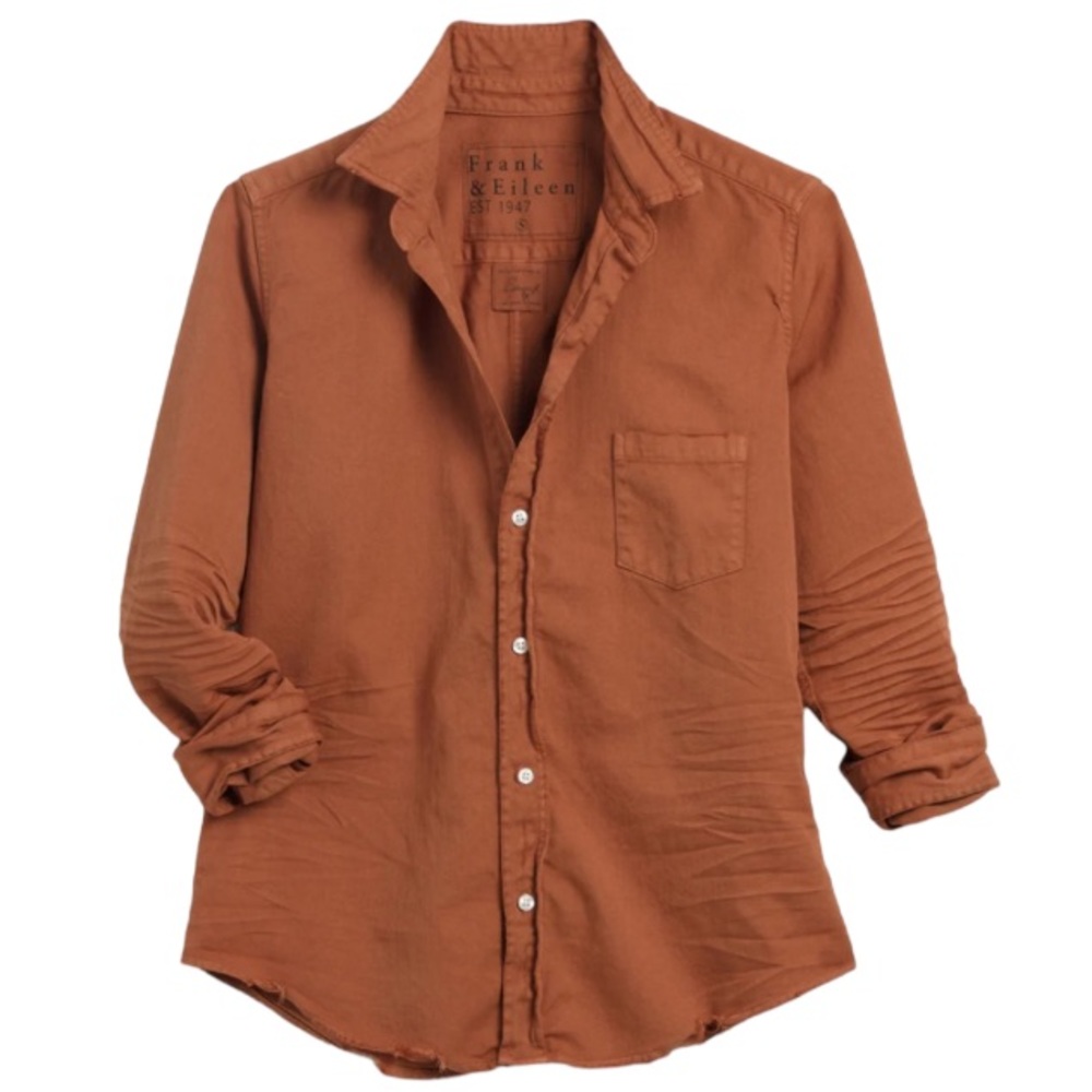 Frank & Eileen Barry Woven Button Up Raw Hem Shirt Toffee Long Sleeves Small New